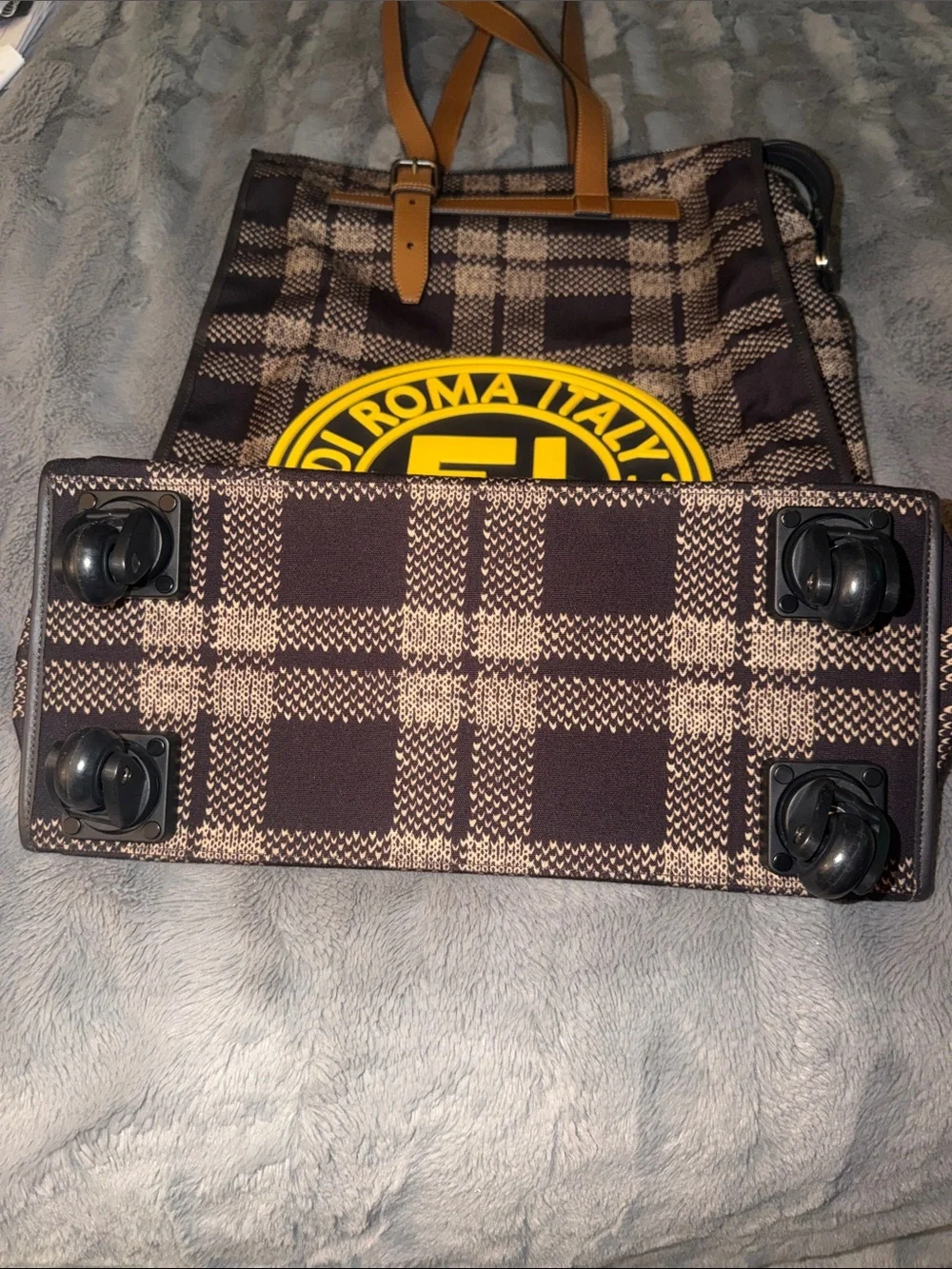Preloved Fendi Plaid luggage/tote with Yellow Logo and Tan Straps